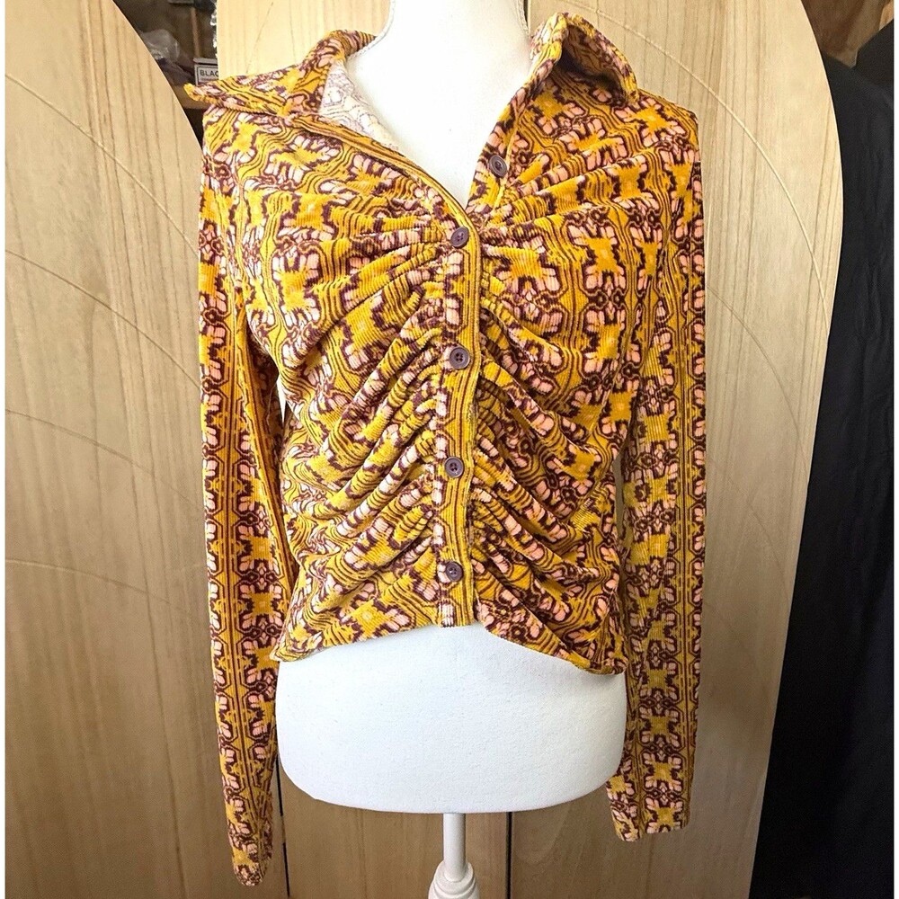70s Retro Mustard Ruched Button Down Shirt XL Y2K Textured Collared Top Mod